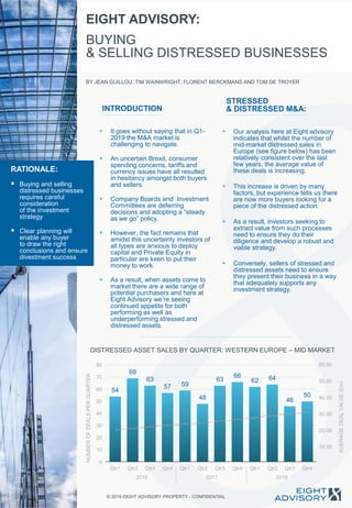 © 2019 EIGHT ADVISORY PROPERTY - CONFIDENTIAL
RATIONALE:
 Buying and selling
distressed businesses
requires careful
consideration
of the investment
strategy
 Clear planning will
enable any buyer
to draw the right
conclusions and ensure
divestment success
 It goes without saying that in Q1-
2019 the M&A market is
challenging to navigate.
 An uncertain Brexit, consumer
spending concerns, tariffs and
currency issues have all resulted
in hesitancy amongst both buyers
and sellers.
 Company Boards and Investment
Committees are deferring
decisions and adopting a “steady
as we go” policy.
 However, the fact remains that
amidst this uncertainty investors of
all types are anxious to deploy
capital and Private Equity in
particular are keen to put their
money to work.
 As a result, when assets come to
market there are a wide range of
potential purchasers and here at
Eight Advisory we’re seeing
continued appetite for both
performing as well as
underperforming stressed and
distressed assets.
BY JEAN GUILLOU, TIM WAINWRIGHT, FLORENT BERCKMANS AND TOM DE TROYER
 Our analysis here at Eight advisory
indicates that whilst the number of
mid-market distressed sales in
Europe (see figure below) has been
relatively consistent over the last
few years, the average value of
these deals is increasing.
 This increase is driven by many
factors, but experience tells us there
are now more buyers looking for a
piece of the distressed action.
 As a result, investors seeking to
extract value from such processes
need to ensure they do their
diligence and develop a robust and
viable strategy.
 Conversely, sellers of stressed and
distressed assets need to ensure
they present their business in a way
that adequately supports any
investment strategy.
DISTRESSED ASSET SALES BY QUARTER: WESTERN EUROPE – MID MARKET
BUYING
& SELLING DISTRESSED BUSINESSES
EIGHT ADVISORY:
INTRODUCTION
STRESSED
& DISTRESSED M&A:
NUMBEROFDEALSPERQUARTER
AVERAGEDEALVALUE(£m)
54
69
63
57 59
48
63
66
62 64
46
50
0
10
20
30
40
50
60
70
80
Qtr1 Qtr2 Qtr3 Qtr4 Qtr1 Qtr2 Qtr3 Qtr4 Qtr1 Qtr2 Qtr3 Qtr4
10.00
20.00
30.00
40.00
50.00
60.00
2016 2017 2018
 