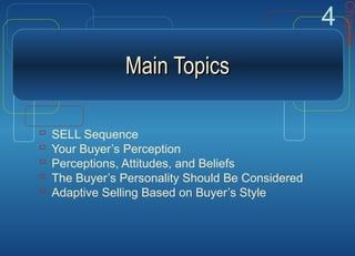 Main TopicsMain Topics
 SELL Sequence
 Your Buyer’s Perception
 Perceptions, Attitudes, and Beliefs
 The Buyer’s Personality Should Be Considered
 Adaptive Selling Based on Buyer’s Style
Chapter
4
 