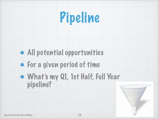 Pipeline
All potential opportunities
For a given period of time
What’s my Q1, 1st Half, Full Year
pipeline?

Copyright 2013-2014 Mark Milligan

13

 