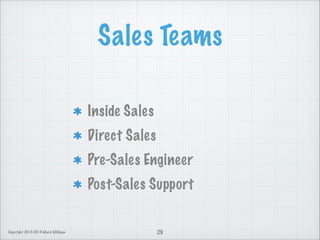 Sales Teams
Inside Sales
Direct Sales
Pre-Sales Engineer
Post-Sales Support

Copyright 2013-2014 Mark Milligan

29

 
