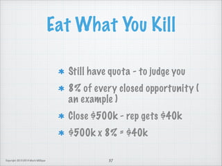 Eat What You Kill
Still have quota - to judge you
8% of every closed opportunity (
an example )
Close $500k - rep gets $40k
$500k x 8% = $40k
Copyright 2013-2014 Mark Milligan

37

 