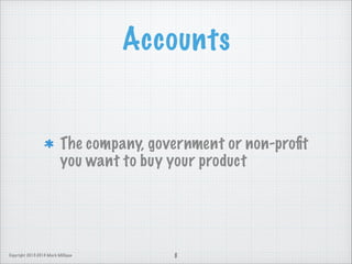 Accounts

The company, government or non-proﬁt
you want to buy your product

Copyright 2013-2014 Mark Milligan

8

 