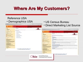 Where Are My Customers?
Reference USA
• Demographics USA

• US Census Bureau
• Direct Marketing List Source

 