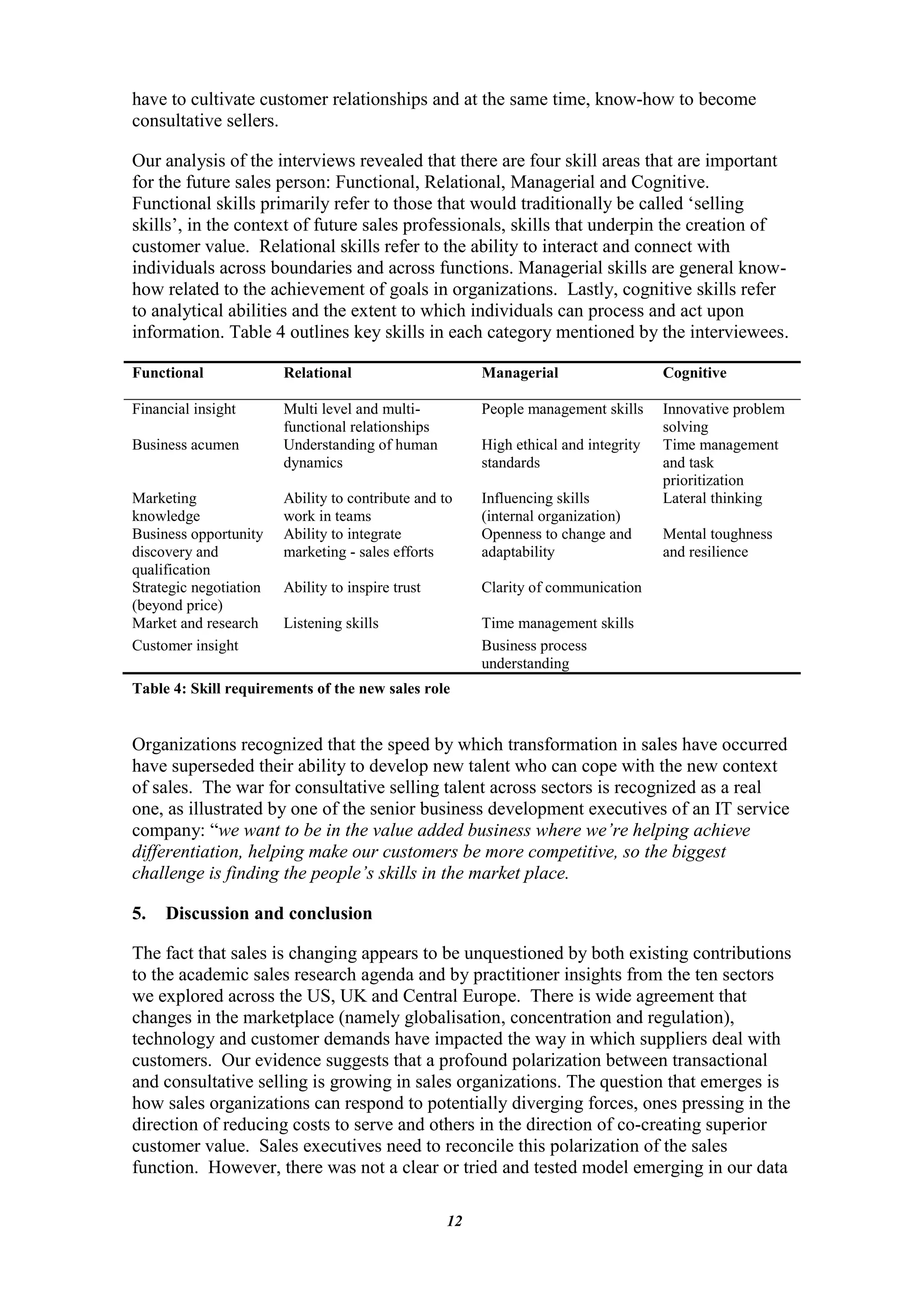 have to cultivate customer relationships and at the same time, know-how to become
consultative sellers.

Our analysis of the interviews revealed that there are four skill areas that are important
for the future sales person: Functional, Relational, Managerial and Cognitive.
Functional skills primarily refer to those that would traditionally be called „selling
skills‟, in the context of future sales professionals, skills that underpin the creation of
customer value. Relational skills refer to the ability to interact and connect with
individuals across boundaries and across functions. Managerial skills are general know-
how related to the achievement of goals in organizations. Lastly, cognitive skills refer
to analytical abilities and the extent to which individuals can process and act upon
information. Table 4 outlines key skills in each category mentioned by the interviewees.

Functional              Relational                      Managerial                   Cognitive

Financial insight       Multi level and multi-          People management skills     Innovative problem
                        functional relationships                                     solving
Business acumen         Understanding of human          High ethical and integrity   Time management
                        dynamics                        standards                    and task
                                                                                     prioritization
Marketing               Ability to contribute and to    Influencing skills           Lateral thinking
knowledge               work in teams                   (internal organization)
Business opportunity    Ability to integrate            Openness to change and       Mental toughness
discovery and           marketing - sales efforts       adaptability                 and resilience
qualification
Strategic negotiation   Ability to inspire trust        Clarity of communication
(beyond price)
Market and research     Listening skills                Time management skills
Customer insight                                        Business process
                                                        understanding
Table 4: Skill requirements of the new sales role


Organizations recognized that the speed by which transformation in sales have occurred
have superseded their ability to develop new talent who can cope with the new context
of sales. The war for consultative selling talent across sectors is recognized as a real
one, as illustrated by one of the senior business development executives of an IT service
company: “we want to be in the value added business where we’re helping achieve
differentiation, helping make our customers be more competitive, so the biggest
challenge is finding the people’s skills in the market place.

5.   Discussion and conclusion

The fact that sales is changing appears to be unquestioned by both existing contributions
to the academic sales research agenda and by practitioner insights from the ten sectors
we explored across the US, UK and Central Europe. There is wide agreement that
changes in the marketplace (namely globalisation, concentration and regulation),
technology and customer demands have impacted the way in which suppliers deal with
customers. Our evidence suggests that a profound polarization between transactional
and consultative selling is growing in sales organizations. The question that emerges is
how sales organizations can respond to potentially diverging forces, ones pressing in the
direction of reducing costs to serve and others in the direction of co-creating superior
customer value. Sales executives need to reconcile this polarization of the sales
function. However, there was not a clear or tried and tested model emerging in our data

                                                   12
 
