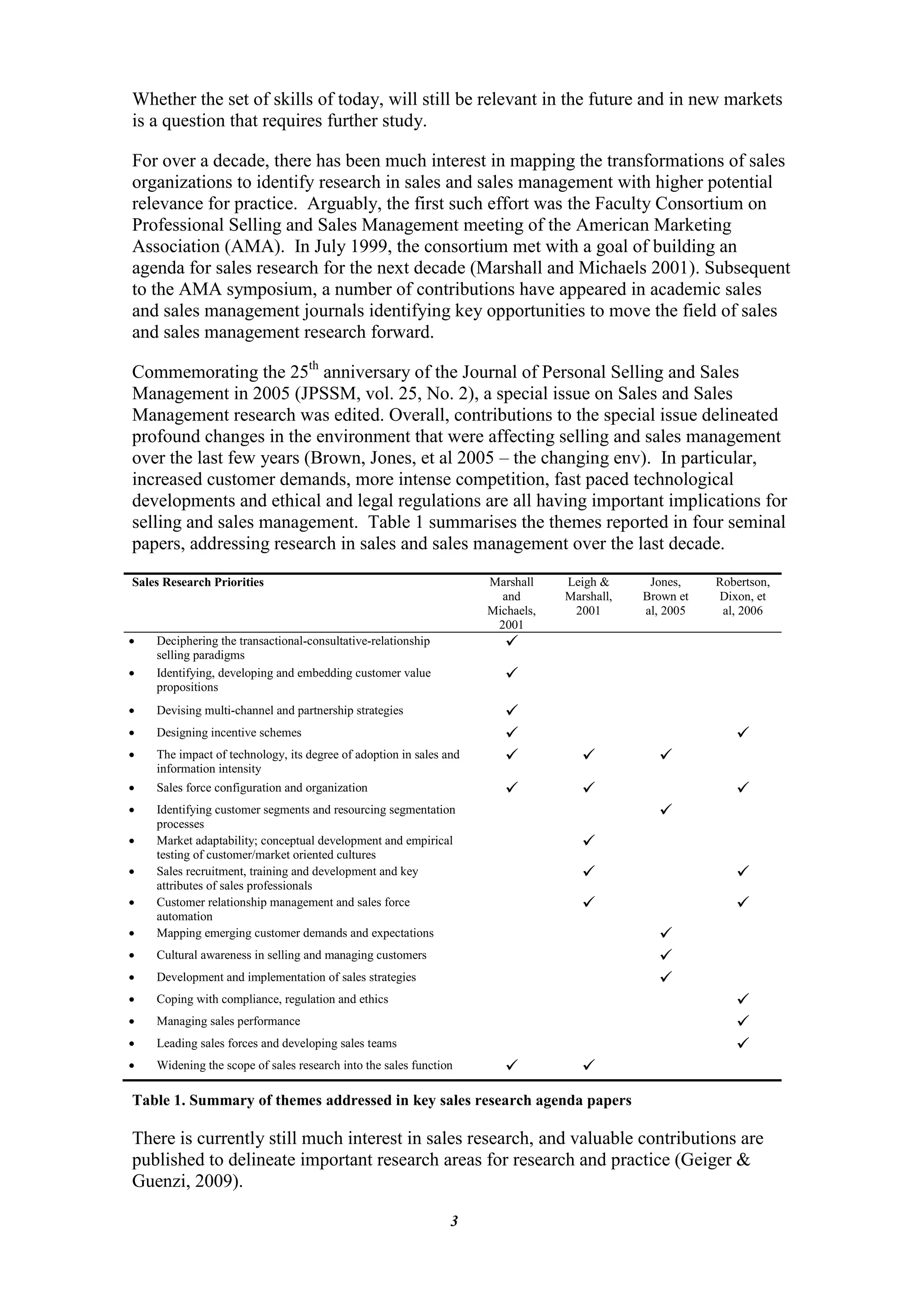 Whether the set of skills of today, will still be relevant in the future and in new markets
is a question that requires further study.

For over a decade, there has been much interest in mapping the transformations of sales
organizations to identify research in sales and sales management with higher potential
relevance for practice. Arguably, the first such effort was the Faculty Consortium on
Professional Selling and Sales Management meeting of the American Marketing
Association (AMA). In July 1999, the consortium met with a goal of building an
agenda for sales research for the next decade (Marshall and Michaels 2001). Subsequent
to the AMA symposium, a number of contributions have appeared in academic sales
and sales management journals identifying key opportunities to move the field of sales
and sales management research forward.

Commemorating the 25th anniversary of the Journal of Personal Selling and Sales
Management in 2005 (JPSSM, vol. 25, No. 2), a special issue on Sales and Sales
Management research was edited. Overall, contributions to the special issue delineated
profound changes in the environment that were affecting selling and sales management
over the last few years (Brown, Jones, et al 2005 – the changing env). In particular,
increased customer demands, more intense competition, fast paced technological
developments and ethical and legal regulations are all having important implications for
selling and sales management. Table 1 summarises the themes reported in four seminal
papers, addressing research in sales and sales management over the last decade.
Sales Research Priorities                                           Marshall    Leigh &      Jones,    Robertson,
                                                                      and       Marshall,   Brown et   Dixon, et
                                                                    Michaels,    2001       al, 2005    al, 2006
                                                                     2001
   Deciphering the transactional-consultative-relationship            
    selling paradigms
   Identifying, developing and embedding customer value               
    propositions
   Devising multi-channel and partnership strategies                  
   Designing incentive schemes                                                                          
   The impact of technology, its degree of adoption in sales and                           
    information intensity
   Sales force configuration and organization                                                          
   Identifying customer segments and resourcing segmentation                                 
    processes
   Market adaptability; conceptual development and empirical                      
    testing of customer/market oriented cultures
   Sales recruitment, training and development and key                                                  
    attributes of sales professionals
   Customer relationship management and sales force                                                     
    automation
   Mapping emerging customer demands and expectations                                        
   Cultural awareness in selling and managing customers                                      
   Development and implementation of sales strategies                                        
   Coping with compliance, regulation and ethics                                                         
   Managing sales performance                                                                            
   Leading sales forces and developing sales teams                                                       
   Widening the scope of sales research into the sales function                  
Table 1. Summary of themes addressed in key sales research agenda papers

There is currently still much interest in sales research, and valuable contributions are
published to delineate important research areas for research and practice (Geiger &
Guenzi, 2009).

                                                               3
 