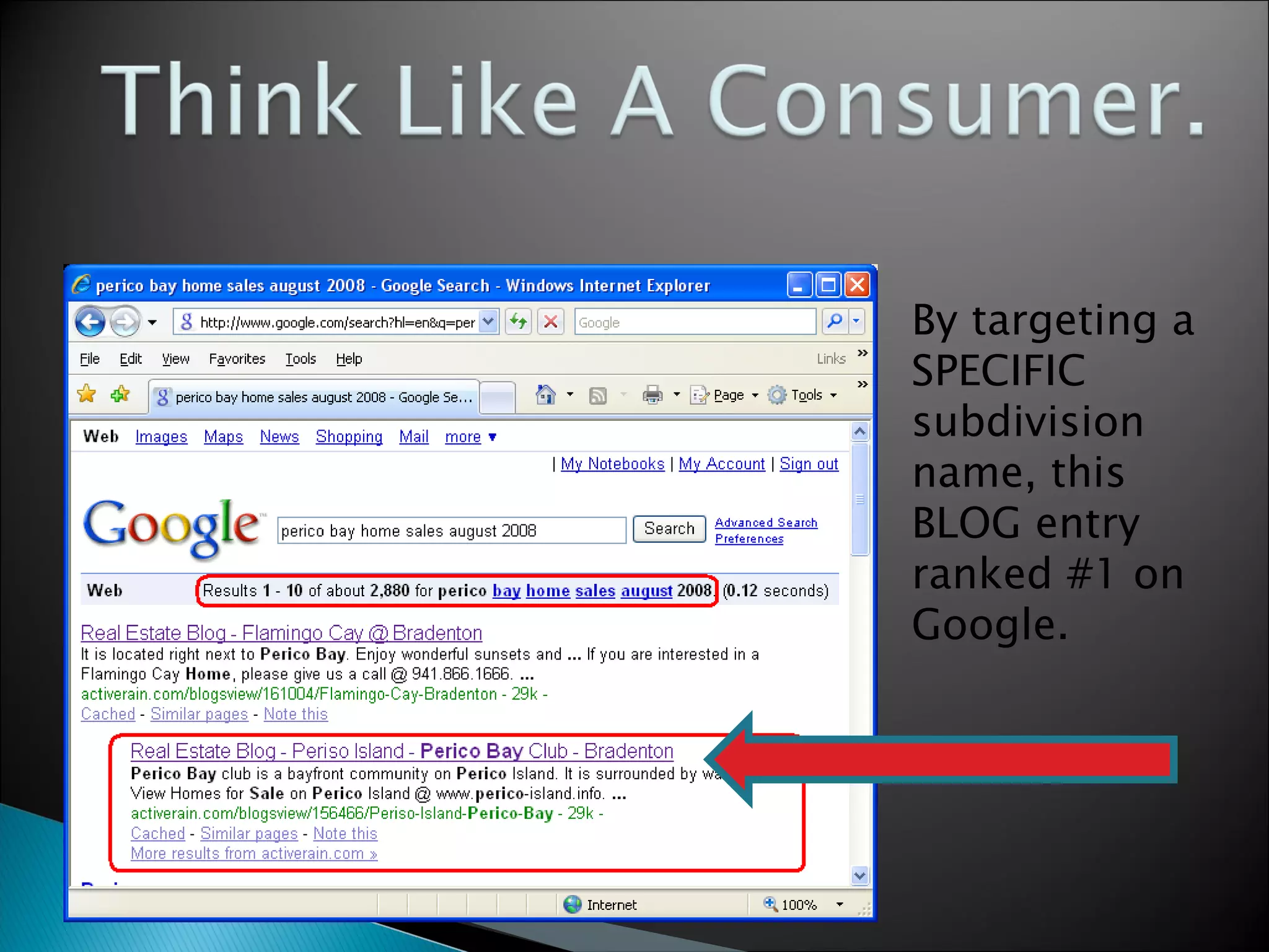 By targeting a SPECIFIC subdivision name, this BLOG entry ranked #1 on Google. 