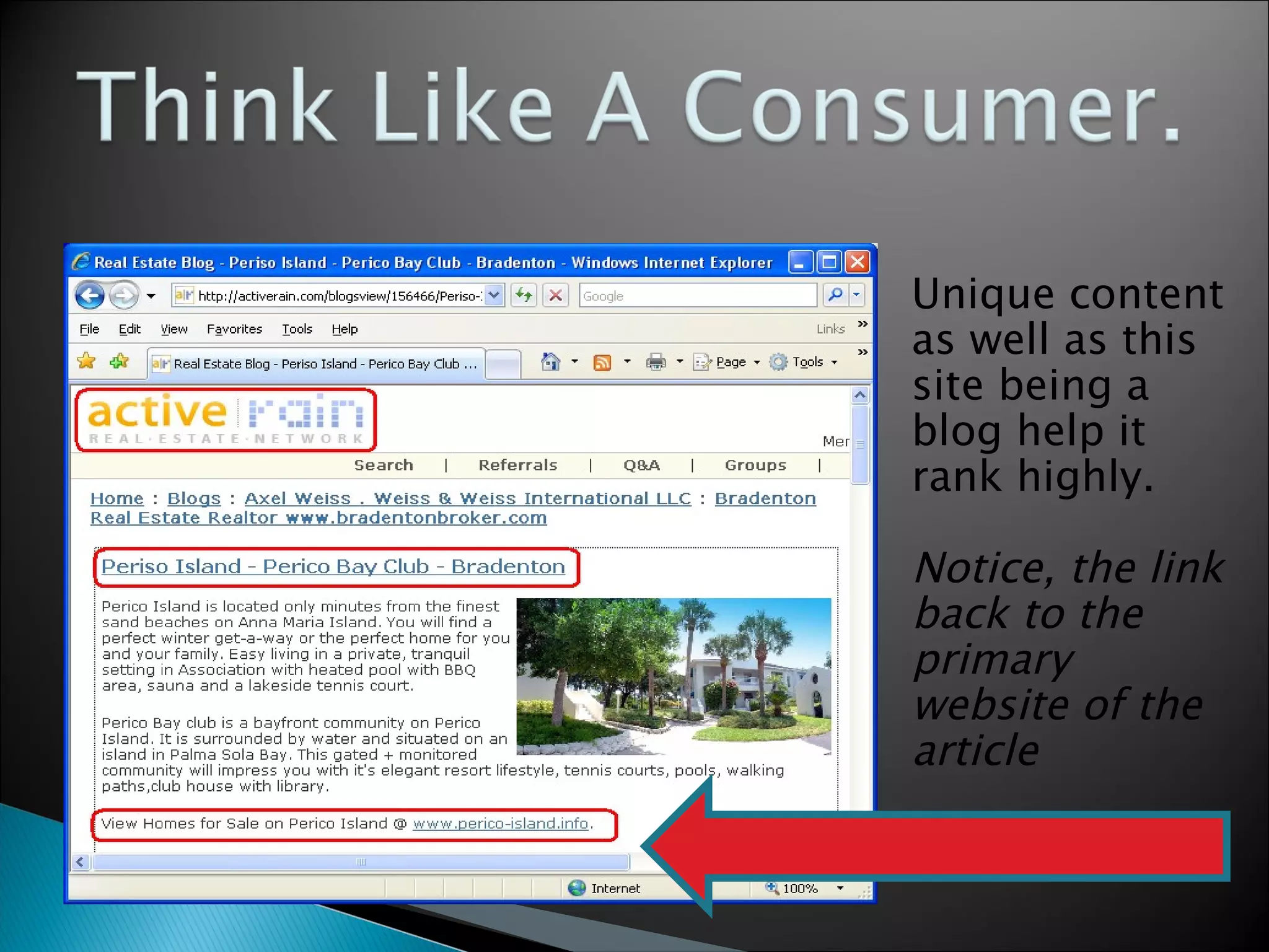 Unique content as well as this site being a blog help it rank highly.  Notice, the link back to the primary website of the article 