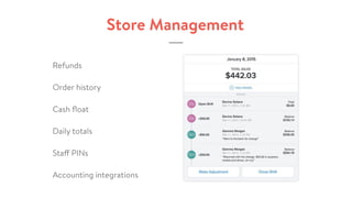 Store Management
Refunds
Order history
Cash ﬂoat
Daily totals
Staff PINs
Accounting integrations
 