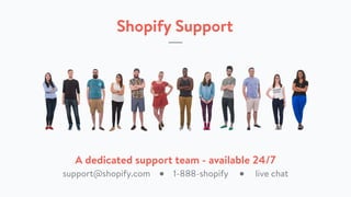 Shopify Support
support@shopify.com ● 1-888-shopify ● live chat
A dedicated support team - available 24/7
 