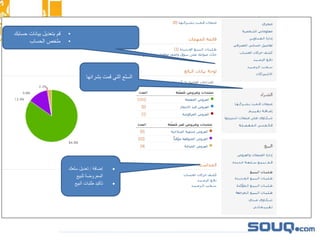 ‫بشرائه‬ ‫قمت‬ ‫التي‬ ‫السلع‬‫ا‬
•‫حسابك‬ ‫بيانات‬ ‫بتعديل‬ ‫قم‬
•‫الحساب‬ ‫ملخص‬
‫إضافة‬/‫سلع‬ ‫تعديل‬‫ك‬
‫للبيع‬ ‫المعروضة‬
‫البيع‬ ‫طلبات‬ ‫تأكيد‬
 
