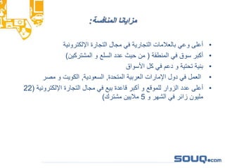 ‫المنافسة‬ ‫مزايانا‬:
•‫اإللكترونية‬ ‫التجارة‬ ‫مجال‬ ‫في‬ ‫التجارية‬ ‫بالعالمات‬ ‫وعي‬ ‫أعلى‬
•‫المنطقة‬ ‫في‬ ‫سوق‬ ‫أكبر‬(‫المشتركين‬ ‫و‬ ‫السلع‬ ‫عدد‬ ‫حيث‬ ‫من‬)
•‫األسواق‬ ‫كل‬ ‫في‬ ‫دعم‬ ‫و‬ ‫تحتية‬ ‫بنية‬
•‫المتحدة‬ ‫العربية‬ ‫اإلمارات‬ ‫دول‬ ‫في‬ ‫العمل‬,‫السعودية‬,‫مصر‬ ‫و‬ ‫الكويت‬
•‫اإللكترونية‬ ‫التجارة‬ ‫مجال‬ ‫في‬ ‫بيع‬ ‫قاعدة‬ ‫أكبر‬ ‫و‬ ‫للموقع‬ ‫الزوار‬ ‫عدد‬ ‫أعلى‬(22
‫و‬ ‫الشهر‬ ‫في‬ ‫زائر‬ ‫مليون‬5‫مشترك‬ ‫ماليين‬)
 