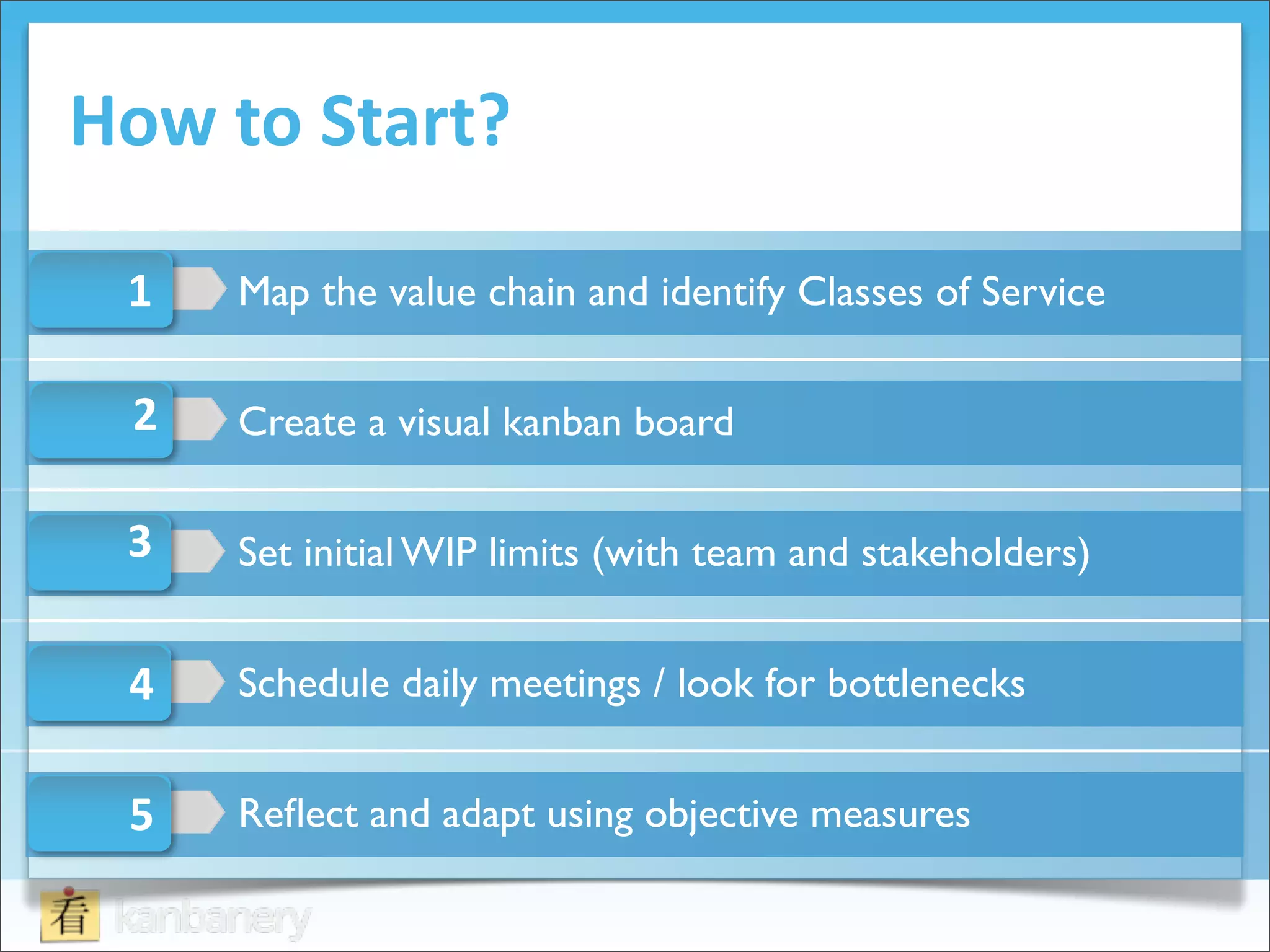 How	
  to	
  Start?

  1    Map the value chain and identify Classes of Service

  2    Create a visual kanban board

  3    Set initial WIP limits (with team and stakeholders)


  4    Schedule daily meetings / look for bottlenecks


  5    Reﬂect and adapt using objective measures
 