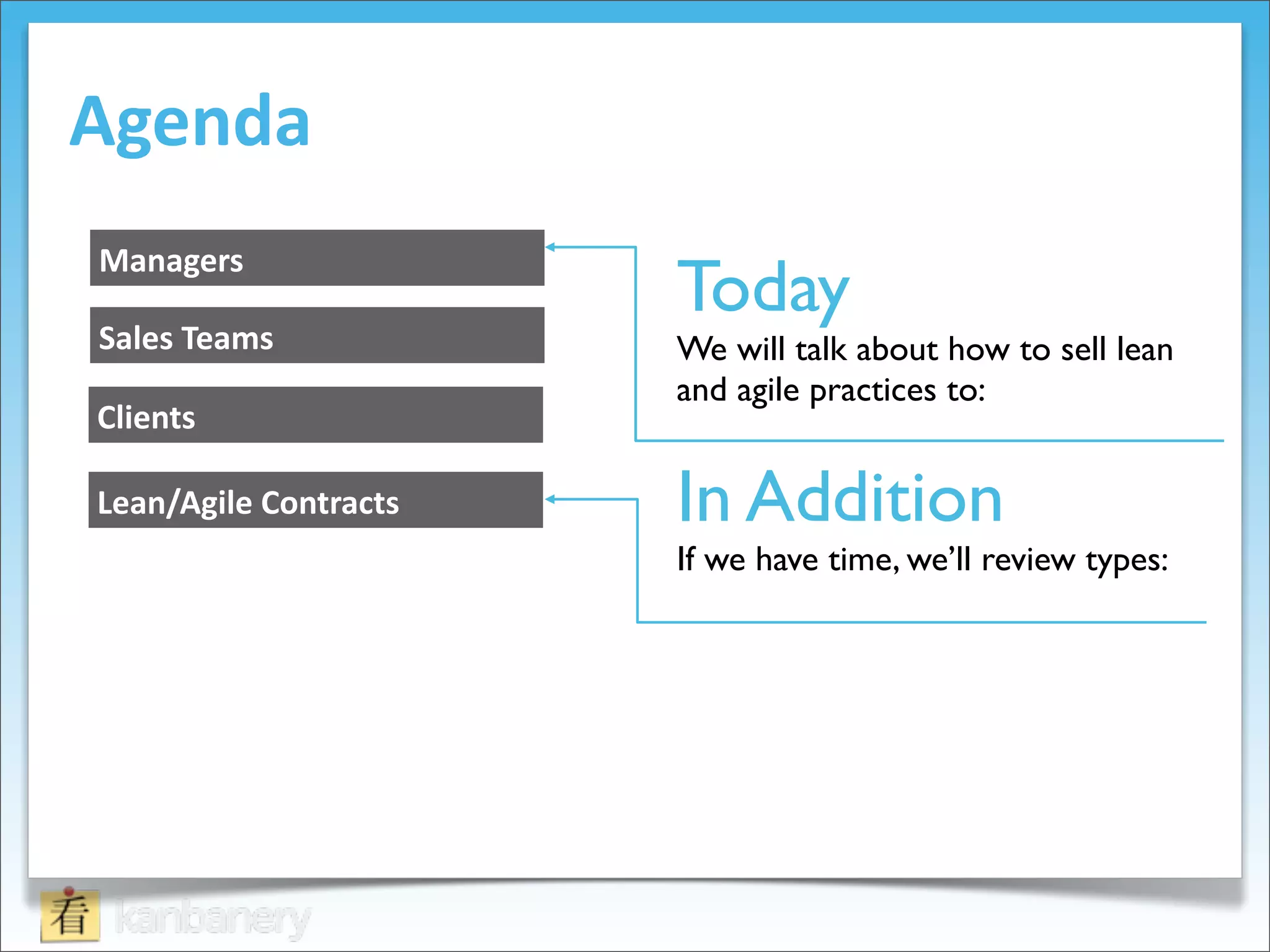 Agenda
Managers
                          Today
Sales	
  Teams            We will talk about how to sell lean
                          and agile practices to:
Clients

Lean/Agile	
  Contracts   In Addition
                          If we have time, we’ll review types:
 