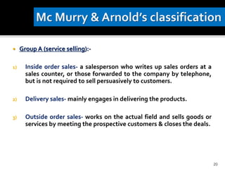  Group A (service selling):-
1) Inside order sales- a salesperson who writes up sales orders at a
sales counter, or those forwarded to the company by telephone,
but is not required to sell persuasively to customers.
2) Delivery sales- mainly engages in delivering the products.
3) Outside order sales- works on the actual field and sells goods or
services by meeting the prospective customers & closes the deals.
20
 