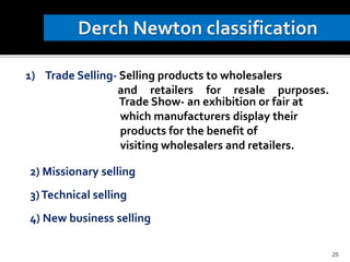 1) Trade Selling- Selling products to wholesalers
and retailers for resale purposes.
Trade Show- an exhibition or fair at
which manufacturers display their
products for the benefit of
visiting wholesalers and retailers.
2) Missionary selling
3)Technical selling
4) New business selling
25
 