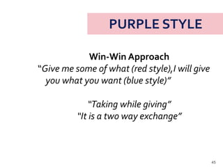 45
Win-Win Approach
“Give me some of what (red style),I will give
you what you want (blue style)”
“Taking while giving”
“It is a two way exchange”
 