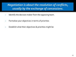  Identify the decision maker from the opposing team.
 Formalize your objectives in terms of priorities
 Establish what their objectives & priorities might be
52
 