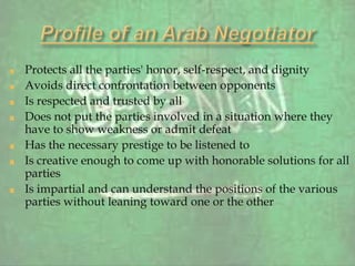 Protects all the parties' honor, self-respect, and dignity
Avoids direct confrontation between opponents
Is respected and trusted by all
Does not put the parties involved in a situation where they
have to show weakness or admit defeat
Has the necessary prestige to be listened to
Is creative enough to come up with honorable solutions for all
parties
Is impartial and can understand the positions of the various
parties without leaning toward one or the other
 