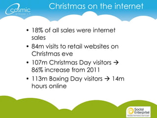 Christmas on the internet

• 18% of all sales were internet
  sales
• 84m visits to retail websites on
  Christmas eve
• 107m Christmas Day visitors 
  86% increase from 2011
• 113m Boxing Day visitors  14m
  hours online
 
