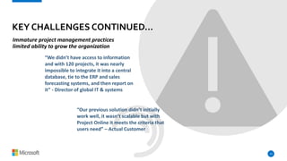 13
KEY CHALLENGES CONTINUED…
Immature project management practices
limited ability to grow the organization
“Our previous solution didn’t initially
work well, it wasn’t scalable but with
Project Online it meets the criteria that
users need” – Actual Customer
“We didn’t have access to information
and with 120 projects, it was nearly
impossible to integrate it into a central
database, tie to the ERP and sales
forecasting systems, and then report on
it” - Director of global IT & systems
 