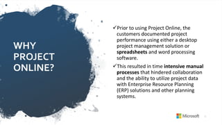 WHY
PROJECT
ONLINE?
✓Prior to using Project Online, the
customers documented project
performance using either a desktop
project management solution or
spreadsheets and word processing
software.
✓This resulted in time intensive manual
processes that hindered collaboration
and the ability to utilize project data
with Enterprise Resource Planning
(ERP) solutions and other planning
systems.
5
 