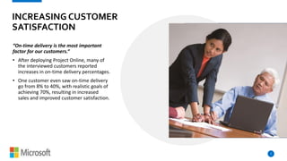 INCREASING CUSTOMER
SATISFACTION
“On-time delivery is the most important
factor for our customers.“
• After deploying Project Online, many of
the interviewed customers reported
increases in on-time delivery percentages.
• One customer even saw on-time delivery
go from 8% to 40%, with realistic goals of
achieving 70%, resulting in increased
sales and improved customer satisfaction.
7
 