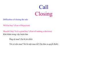 Call
Closing
Difficulties of closing the sale
Will he buy? (Fear of Rejection)
Should I buy? Is it a good buy? (Fear of making a decision)
Khó khăn trong việc buôn bán
Ông sẽ mua? (Sợ bị từ chối)
Tôi có nên mua? Nó là một mua tốt? (Sợ đưa ra quyết định)
 