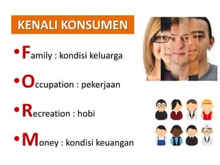 •Family : kondisi keluarga
•Occupation : pekerjaan
•Recreation : hobi
•Money : kondisi keuangan
KENALI KONSUMEN
 