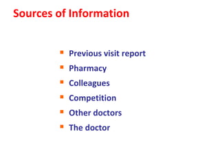Sources of Information


           Previous visit report
           Pharmacy
           Colleagues
           Competition
           Other doctors
           The doctor
 