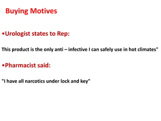 Buying Motives

•Urologist states to Rep:

This product is the only anti – infective I can safely use in hot climates"


•Pharmacist said:

"I have all narcotics under lock and key"
 