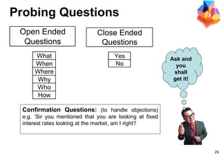 Probing Questions Ask and you shall get it! Confirmation Questions:  (to handle objections) e.g. ‘Sir you mentioned that you are looking at fixed interest rates looking at the market, am I right?  