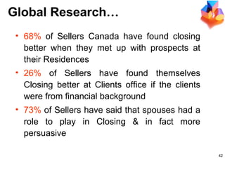Global Research… 68%  of Sellers Canada have found closing better when they met up with prospects at their Residences 26%  of Sellers have found themselves Closing better at Clients office if the clients were from financial background 73%  of Sellers have said that spouses had a role to play in Closing & in fact more persuasive 