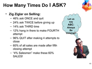 How Many Times Do  I ASK? Zig Ziglar on Selling: 46% ask ONCE and quit 24% ask TWICE before giving up 14% ask THIRD time  12% hang in there to make FOURTH attempt 96% QUIT after making 4 attempts to close 60% of all sales are made after fifth closing attempt  “ 4% Salesmen” make these 60% SALES! Let us say  ABC : Always Be Closing!! 