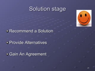 Solution stage Recommend a Solution Provide Alternatives Gain An Agreement 
