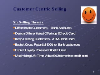 Customer Centric Selling Six Selling Themes Differentiate Customers -  Bank Accounts Design Differentiated Offerings –Credit Card  Keep Existing Customers - ATM-Debit Card Exploit Cross Potential – Other Bank customers Exploit Loyalty Potential –-Debit Card Maximizing Life Time Value – Lifetime free credit card 