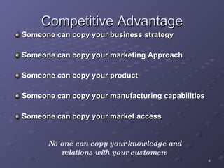 Competitive Advantage Someone can copy your business strategy Someone can copy your marketing Approach Someone can copy your product Someone can copy your manufacturing capabilities Someone can copy your market access No one can copy your knowledge and relations with your customers 