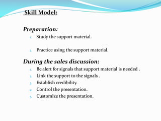 Skill Model:
Preparation:
1. Study the support material.
2. Practice using the support material.
During the sales discussion:
1. Be alert for signals that support material is needed .
2. Link the support to the signals .
3. Establish credibility.
4. Control the presentation.
5. Customize the presentation.
 