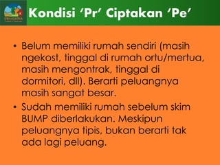 Kondisi ‘Pr’ Ciptakan ‘Pe’
• Belum memiliki rumah sendiri (masih
ngekost, tinggal di rumah ortu/mertua,
masih mengontrak, tinggal di
dormitori, dll). Berarti peluangnya
masih sangat besar.
• Sudah memiliki rumah sebelum skim
BUMP diberlakukan. Meskipun
peluangnya tipis, bukan berarti tak
ada lagi peluang.

 