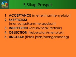 5 Sikap Prospek
1. ACCEPTANCE (menerima/menyetujui)
2. SKEPTICISM
(menyangsikan/meragukan)
3. INDIFFERENT (acuh/tidak tertarik)
4. OBJECTION (keberatan/menolak)
5. UNCLEAR (tidak jelas/mengambang)

 