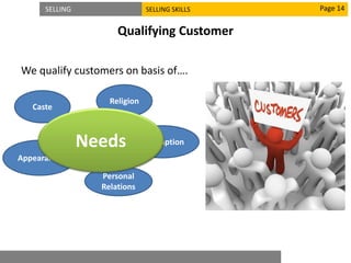 SELLING SELLING SKILLS
Qualifying Customer
Page 14
We qualify customers on basis of….
Caste
Religion
Personal
Relations
Assumption
Appearance
Needs
 