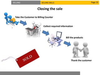 SELLING SELLING SKILLS
Closing the sale
Page 33
Take the Customer to Billing Counter
Collect required information
Bill the products
Thank the customer
 