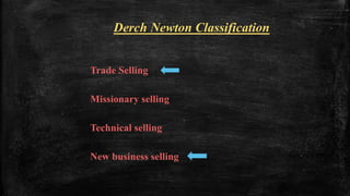 Derch Newton Classification
Trade Selling
Missionary selling
Technical selling
New business selling
 