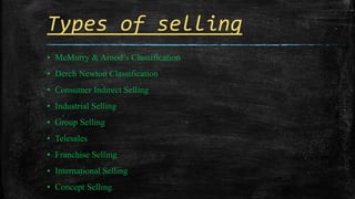 Types of selling
▪ McMurry & Arnod’s Classification
▪ Derch Newton Classification
▪ Consumer Indirect Selling
▪ Industrial Selling
▪ Group Selling
▪ Telesales
▪ Franchise Selling
▪ International Selling
▪ Concept Selling
 
