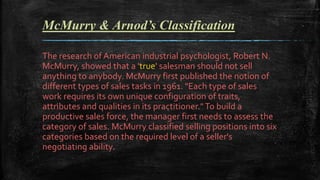 McMurry & Arnod’s Classification
The research of American industrial psychologist, Robert N.
McMurry, showed that a 'true' salesman should not sell
anything to anybody. McMurry first published the notion of
different types of sales tasks in 1961. "Each type of sales
work requires its own unique configuration of traits,
attributes and qualities in its practitioner."To build a
productive sales force, the manager first needs to assess the
category of sales. McMurry classified selling positions into six
categories based on the required level of a seller's
negotiating ability.
 