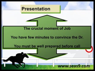 Presentation
The crucial moment of Job
You have few minutes to convince the Dr.
You must be well prepared before call
www.seas9.com
 