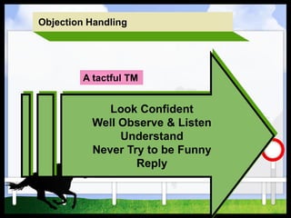 Objection Handling
A tactful TM
Look Confident
Well Observe & Listen
Understand
Never Try to be Funny
Reply
 