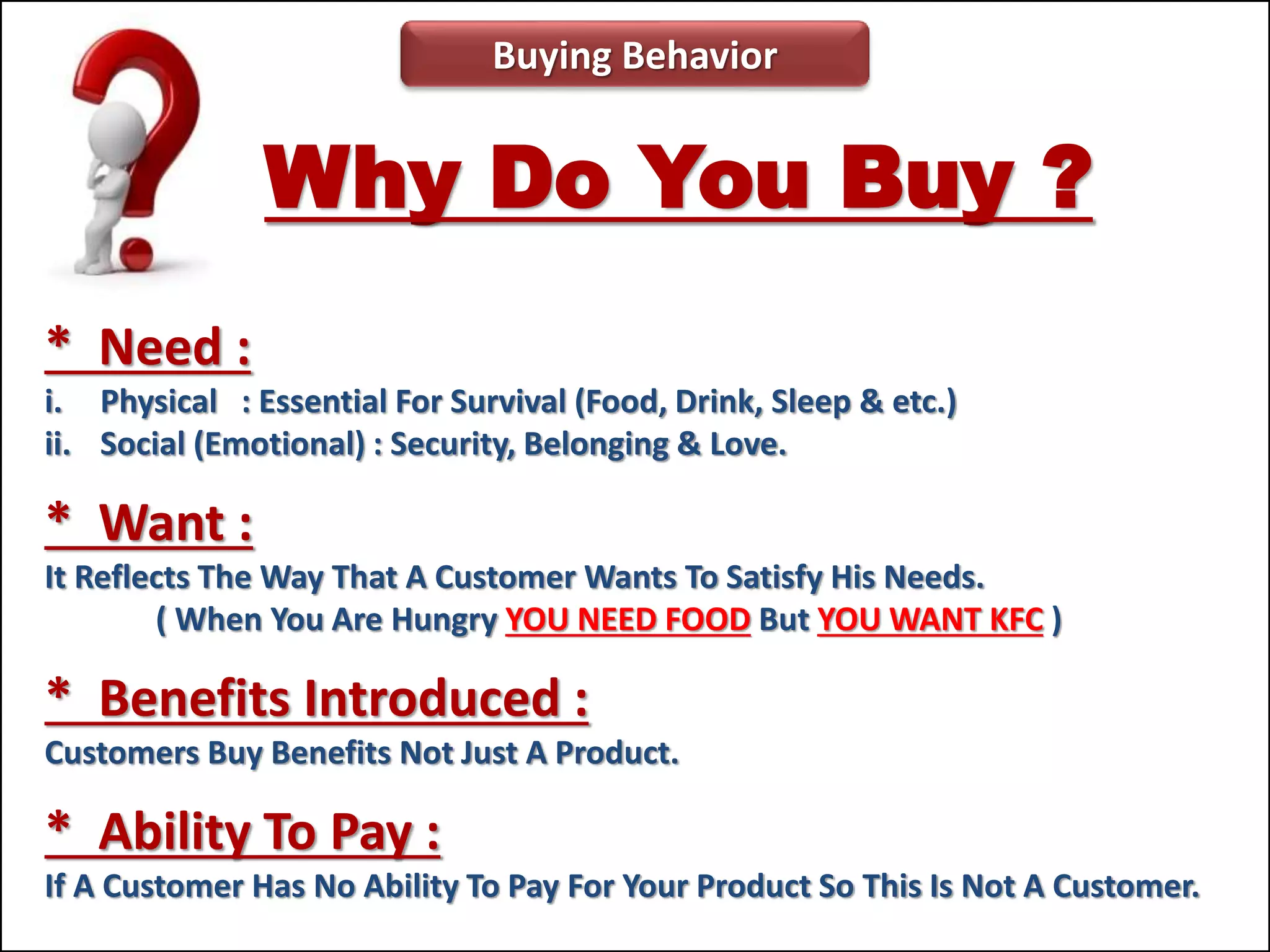 Buying Behavior
Why Do You Buy ?
* Need :
i. Physical : Essential For Survival (Food, Drink, Sleep & etc.)
ii. Social (Emotional) : Security, Belonging & Love.
* Want :
It Reflects The Way That A Customer Wants To Satisfy His Needs.
( When You Are Hungry YOU NEED FOOD But YOU WANT KFC )
* Benefits Introduced :
Customers Buy Benefits Not Just A Product.
* Ability To Pay :
If A Customer Has No Ability To Pay For Your Product So This Is Not A Customer.
 