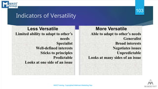 Indicators of Versatility
Less Versatile
Limited ability to adapt to other’s
needs
Specialist
Well-defined interests
Stick...