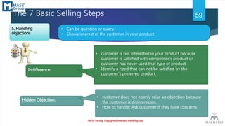 The 7 Basic Selling Steps
Hidden Objection:
Indifference:
• customer is not interested in your product because
customer is...