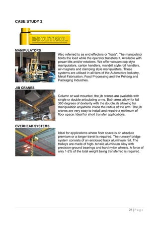 CASE STUDY 2




MANIPULATORS
                   Also referred to as end effectors or "tools". The manipulator
                   holds the load while the operator transfers it. Available with
                   power tilts and/or rotations. We offer vacuum cup style
                   manipulators, carton handlers, mandrill style roll handlers,
                   air-magnets and clamping style manipulators. These
                   systems are utilised in all tiers of the Automotive Industry,
                   Metal Fabrication, Food Processing and the Printing and
                   Packaging Industries.

JIB CRANES

                   Column or wall mounted, the jib cranes are available with
                   single or double articulating arms. Both arms allow for full
                   360 degrees of dexterity with the double jib allowing for
                   manipulation anywhere inside the radius of the arm. The jib
                   cranes are very easy to install and require a minimum of
                   floor space. Ideal for short transfer applications.


OVERHEAD SYSTEMS

                   Ideal for applications where floor space is an absolute
                   premium or a longer travel is required. The runway/ bridge
                   system consists of an enclosed track aluminium rail. The
                   trolleys are made of high- tensile aluminium alloy with
                   precision-ground bearings and hard nylon wheels. A force of
                   only 1-2% of the total weight being transferred is required.




                                                                       26 | P a g e
 
